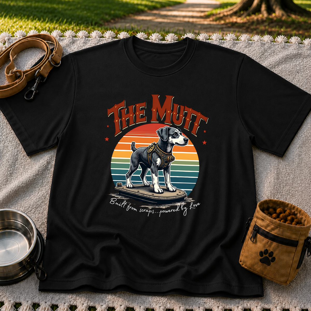 a mixed-breed dog above a “built from scraps, powered by love” sentiment. On a Black T-shirt.