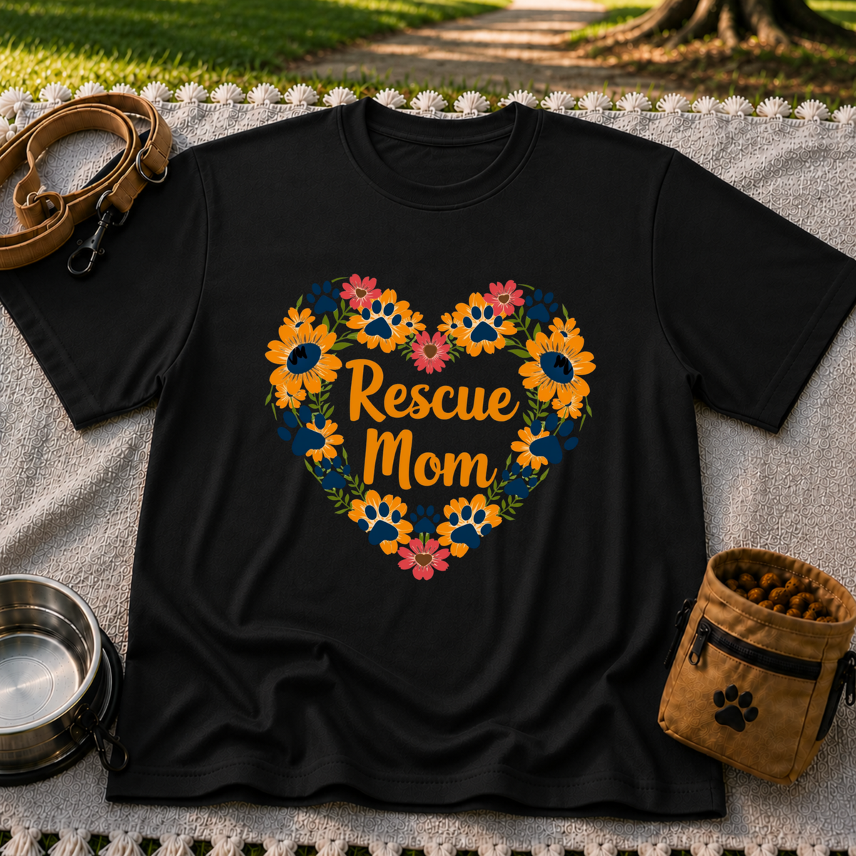 Rescue Mom Floral Paw design on a Black T-shirt.