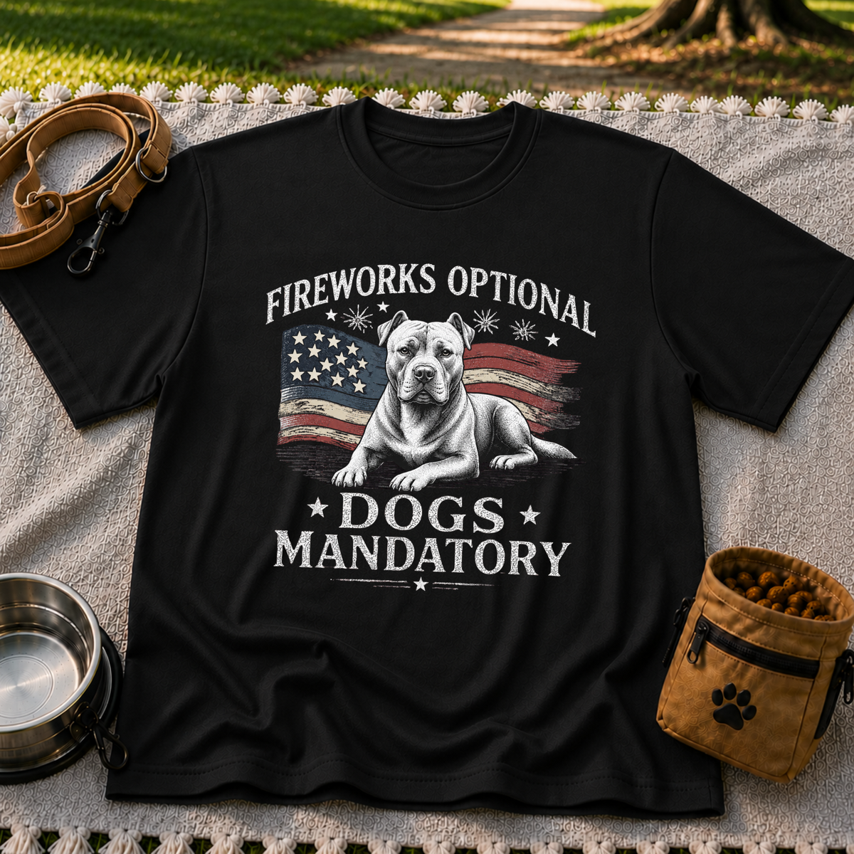 a pit bull beside “Fireworks optional, dogs mandatory”. On a Black T-shirt.