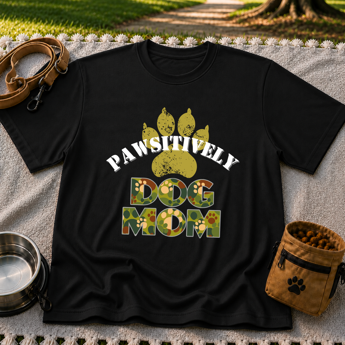 “Pawsitively Dog Mom” lettering in a camouflage treatment. On a Black T-shirt.