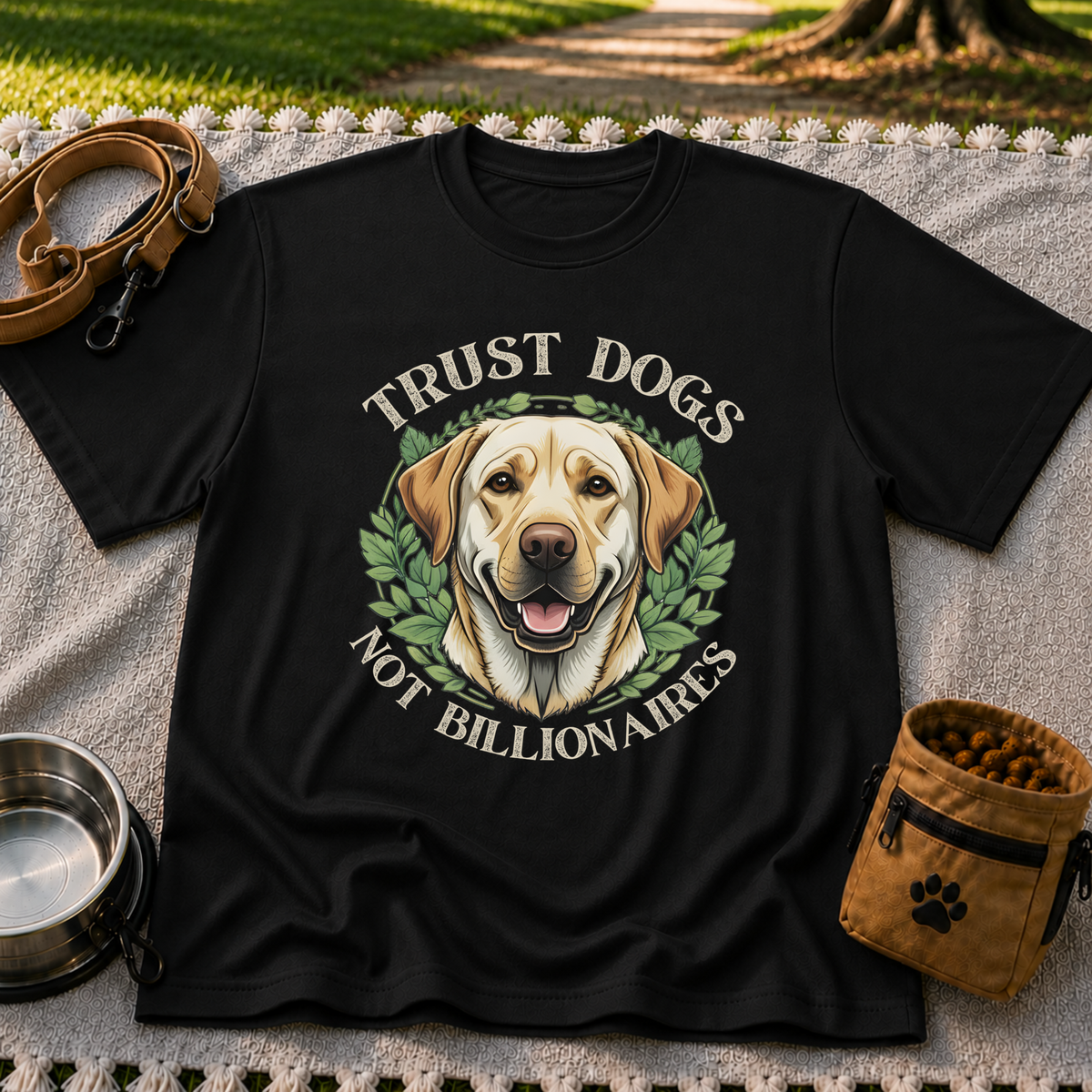 a Labrador portrait framed by “Trust Dogs Not Billionaires”. On a Black T-shirt.