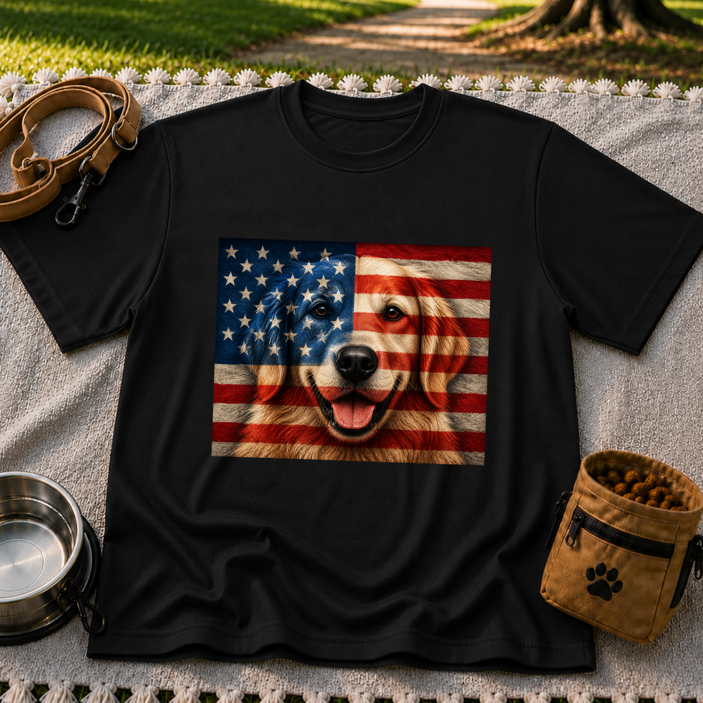 Patriotic Golden Retriever Flag design on a Black T-shirt.