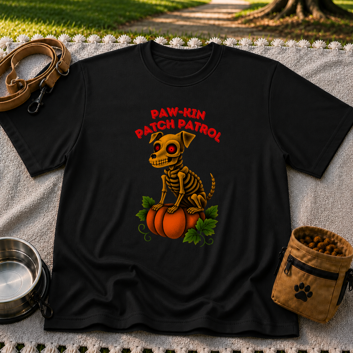 Paw-kin Patch Patrol Skeleton Dog Halloween design on a Black T-shirt.