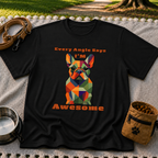 Black T-shirt mockup featuring faceted multicolor French Bulldog portrait with Every Angle Says I’m Awesome lettering.