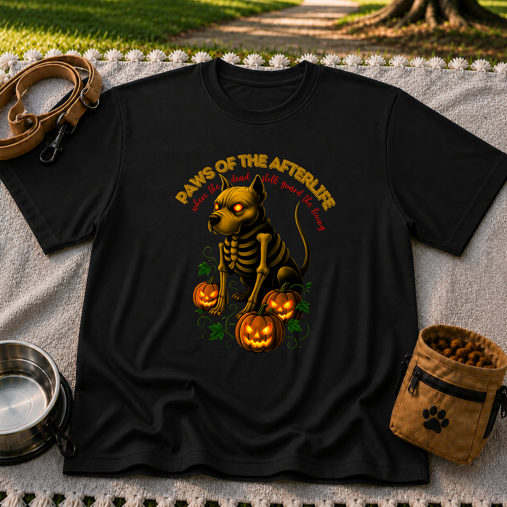Paws of the Afterlife Pitbull Skeleton Halloween design on a Black T-shirt.
