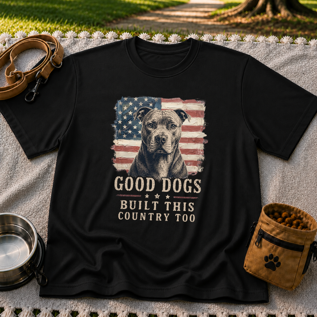 Black T-shirt mockup featuring pit bull portrait in front of a weathered American flag.