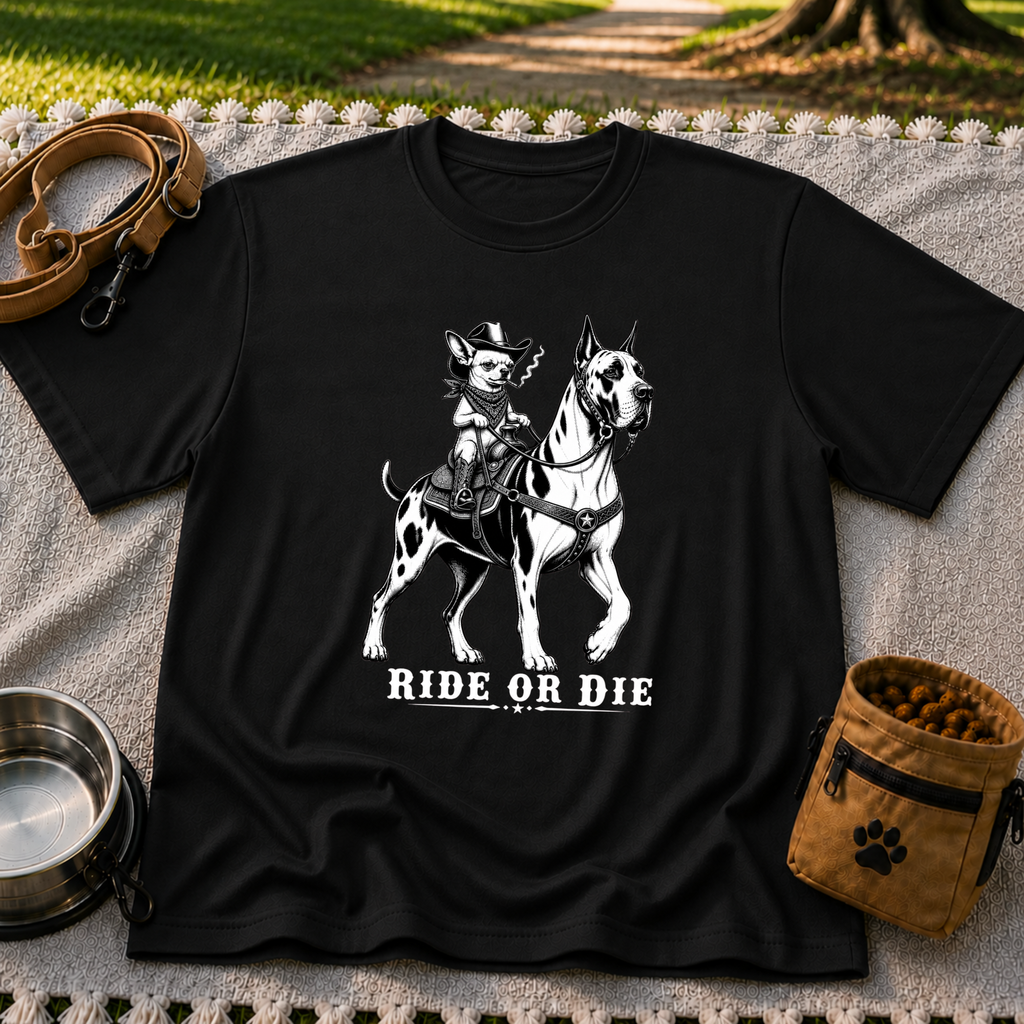 Black T-shirt mockup featuring cowboy-hat Chihuahua riding a Great Dane above Ride or Die lettering.