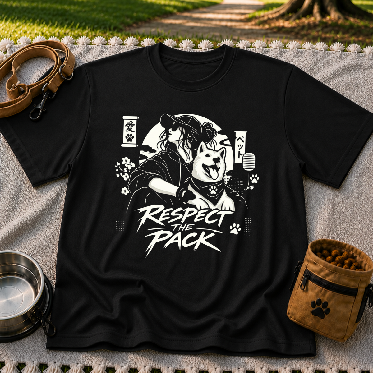 Black T-shirt mockup featuring illustrated dog beside stylized lettering that reads Respect the Pack.