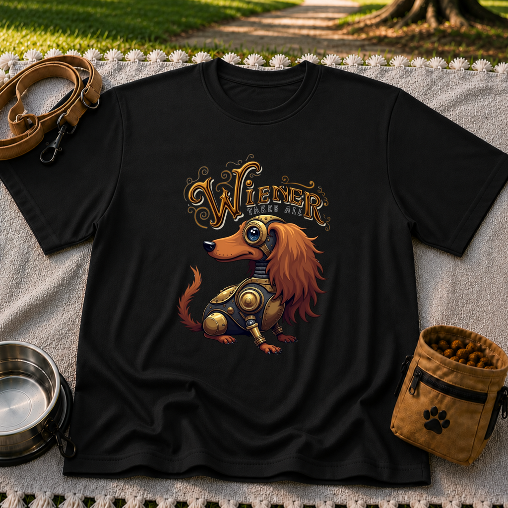 Wiener Takes All Steampunk Dachshund design on a Black T-shirt.