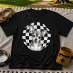 Sweet Chihuahua Portrait artwork on a Black T-shirt.