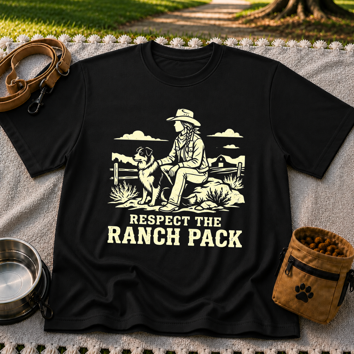 Black T-shirt mockup featuring western ranch scene with a rider, dog, open landscape, and Respect the Ranch Pack lettering.