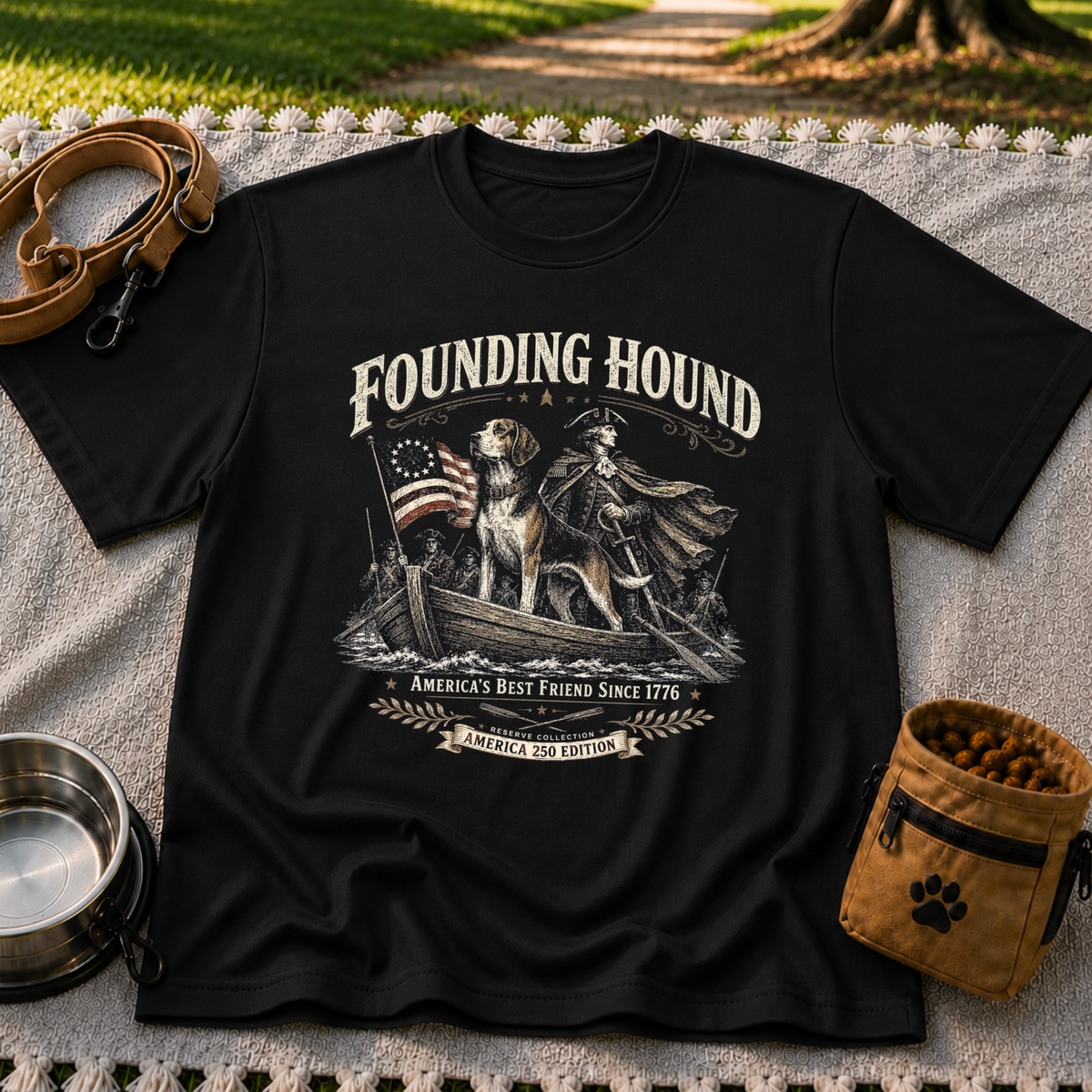 a founding-era American scene with hounds and patriotic details. On a Black T-shirt.