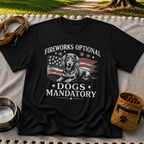 a Dachshund beside “Fireworks optional, dogs mandatory”. On a Black T-shirt.