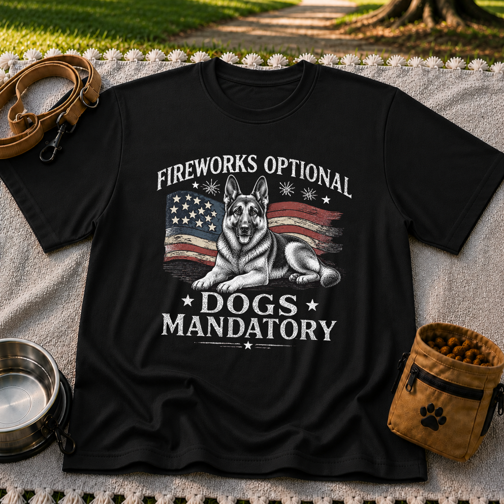 a German Shepherd beside “Fireworks optional, dogs mandatory”. On a Black T-shirt.