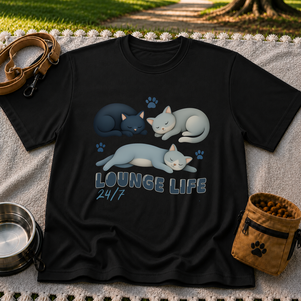 Lounge Life Cat design on a Black T-shirt.