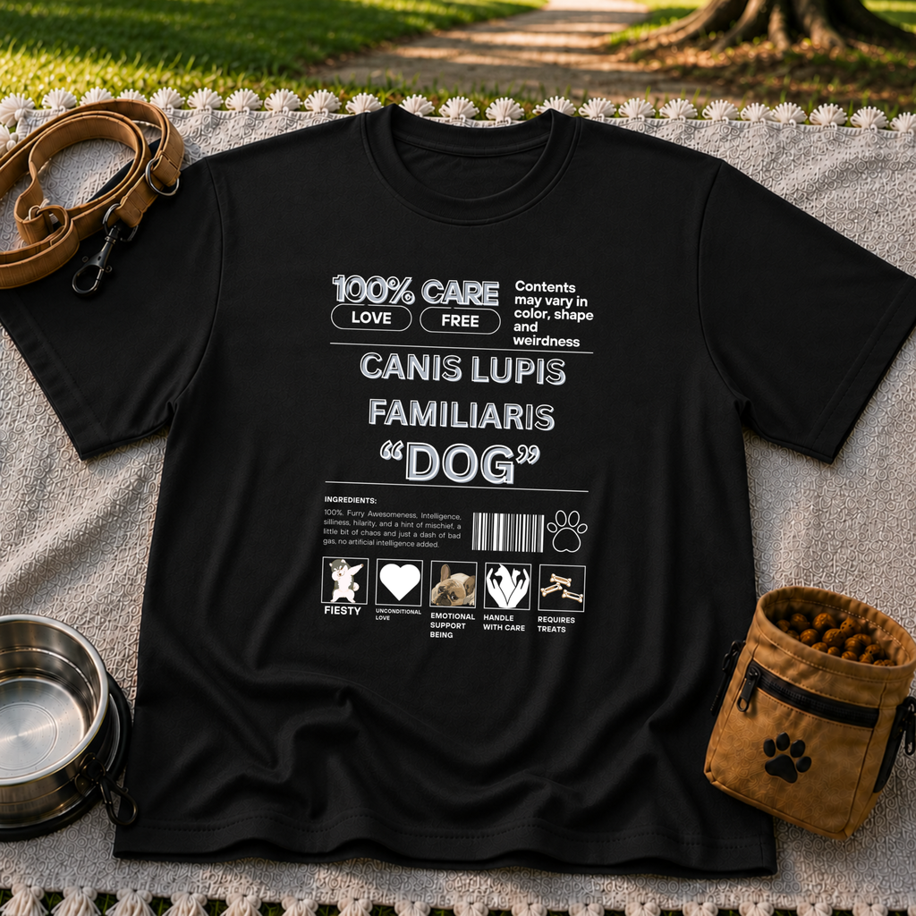 Black T-shirt mockup featuring Canis Lupus Familiaris and Dog lettering in an infographic with small canine drawings.