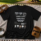 Black T-shirt mockup featuring Canis Lupus Familiaris and Dog lettering in an infographic with small canine drawings.