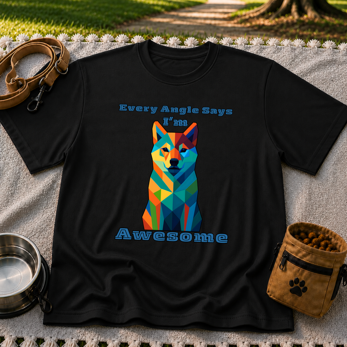 Black T-shirt mockup featuring blue-toned geometric dog portrait with Every Angle Says I’m Awesome lettering.