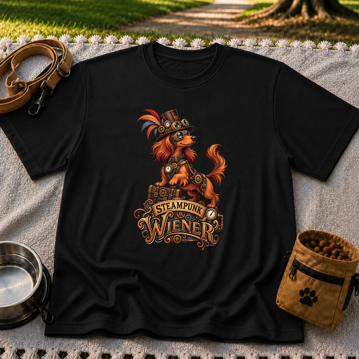 Steampunk Wiener Dog design on a Black T-shirt.
