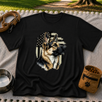 German Shepherd American Flag design on a Black T-shirt.