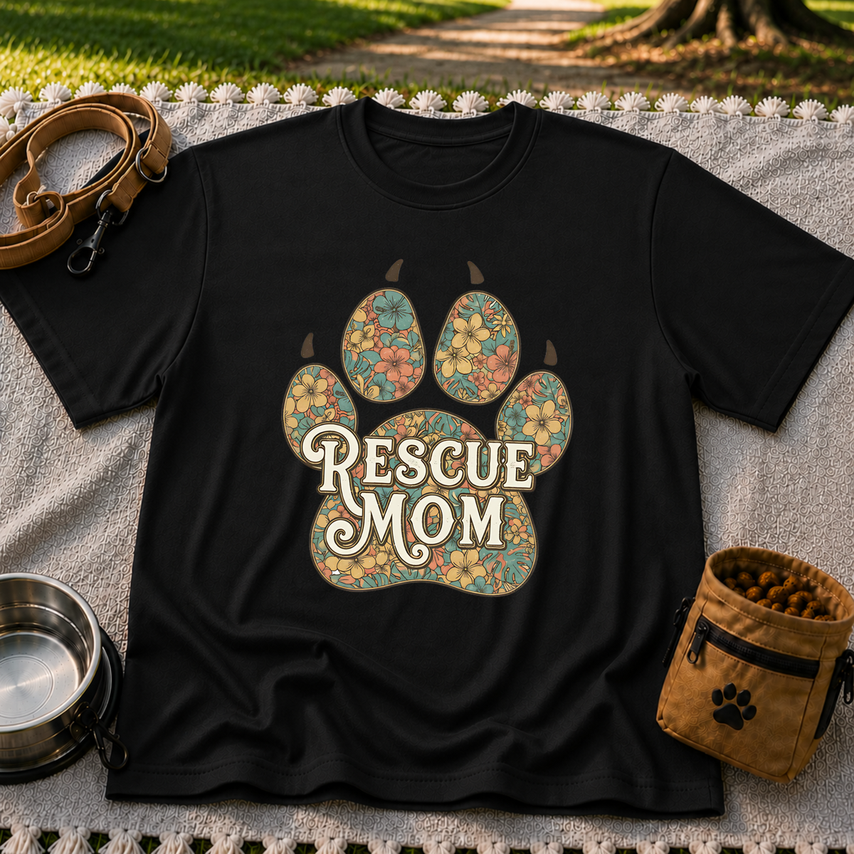 Rescue Mom Floral Paw Print design on a Black T-shirt.