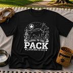 a ranch dog inside a “Loyal to the Pack” western badge. On a Black T-shirt.