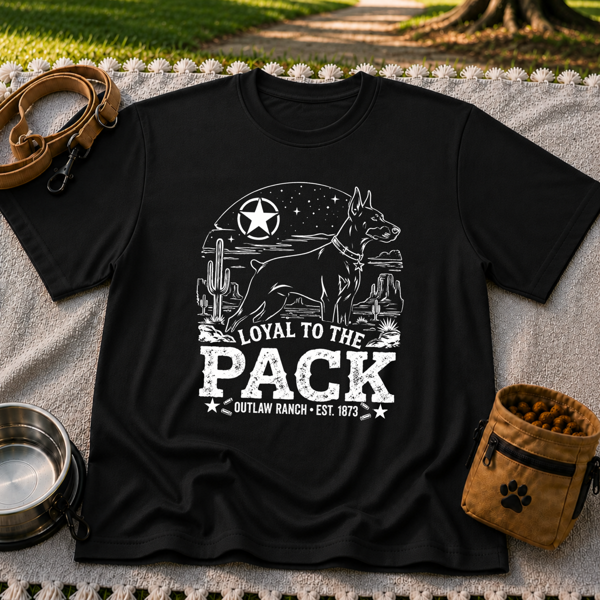a ranch dog inside a “Loyal to the Pack” western badge. On a Black T-shirt.