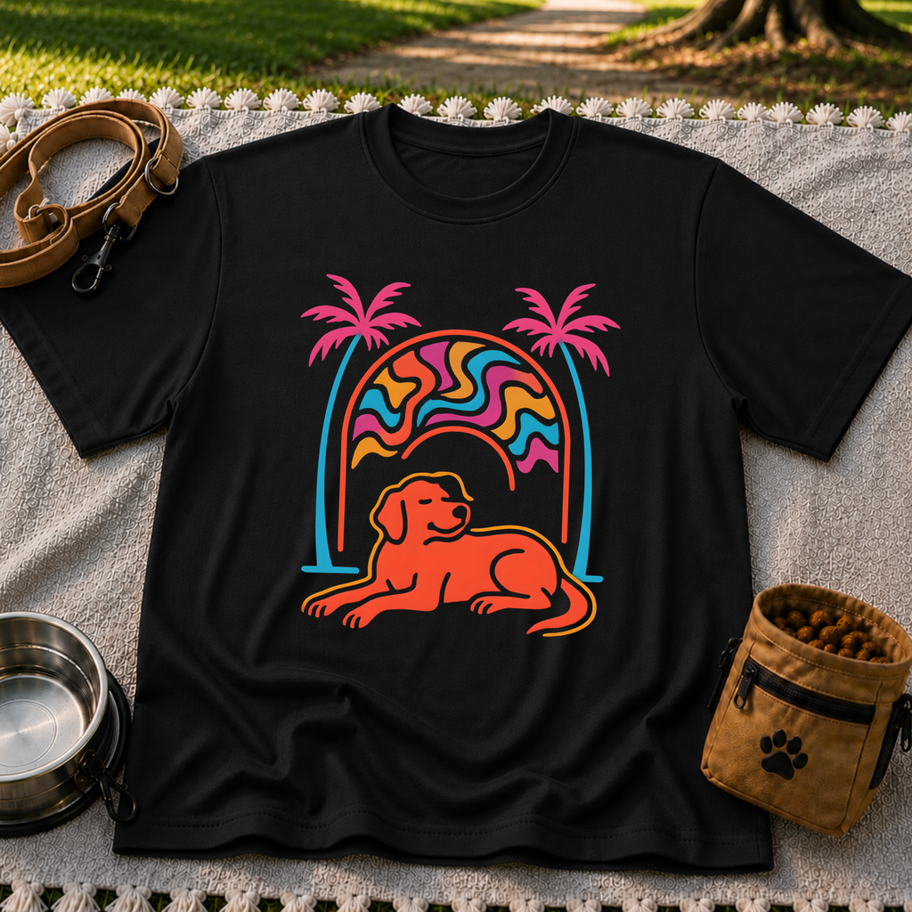 Psychedelic Dog Palm Trees design on a Black T-shirt.