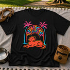 Psychedelic Dog Palm Trees design on a Black T-shirt.