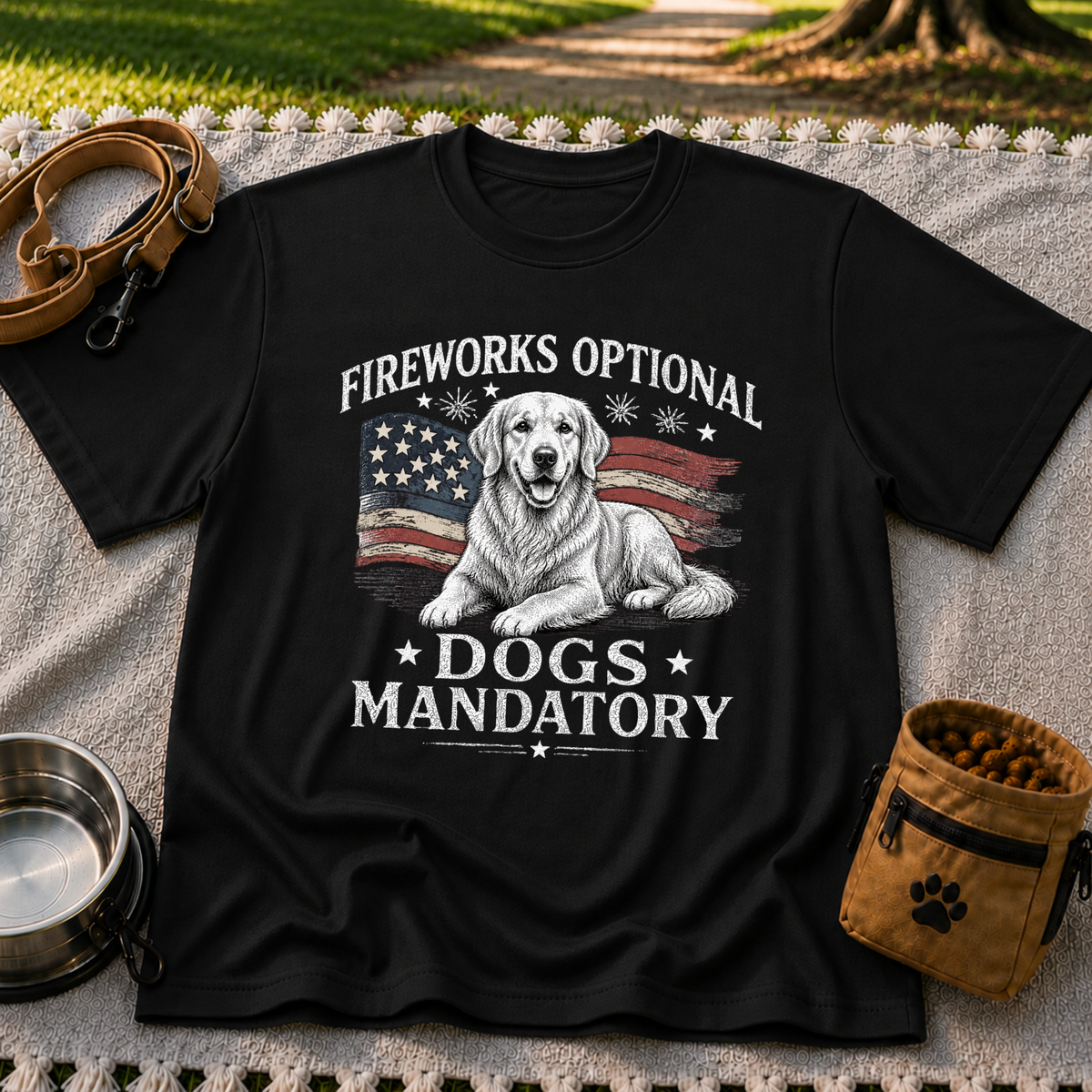 a Golden Retriever beside “Fireworks optional, dogs mandatory”. On a Black T-shirt.