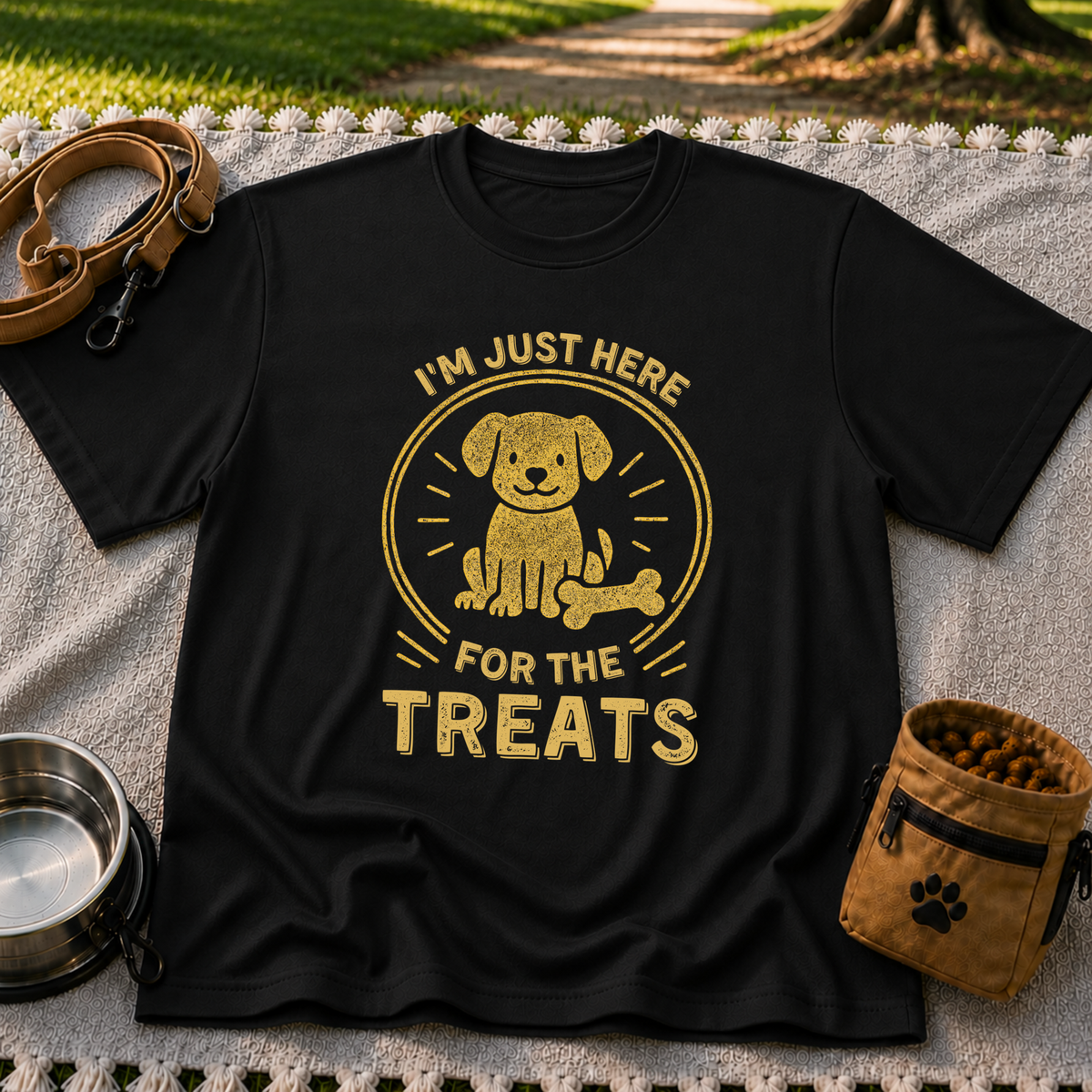 I'm Just Here for the Treats design on a Black T-shirt.