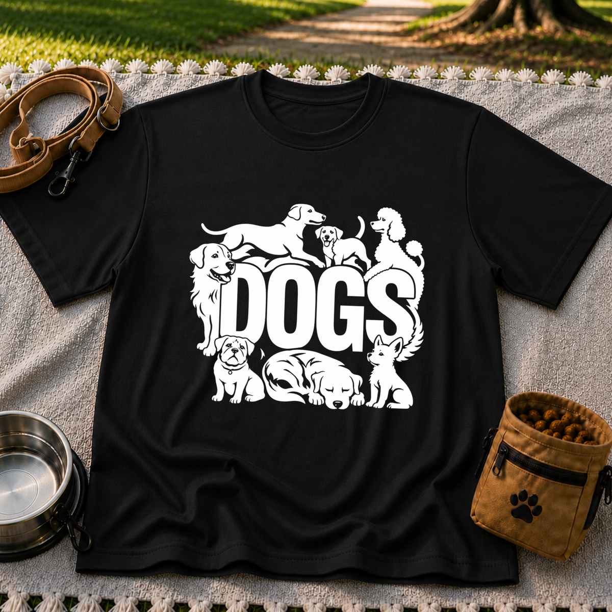 the word “Dogs” surrounded by several dog portraits. On a Black T-shirt.