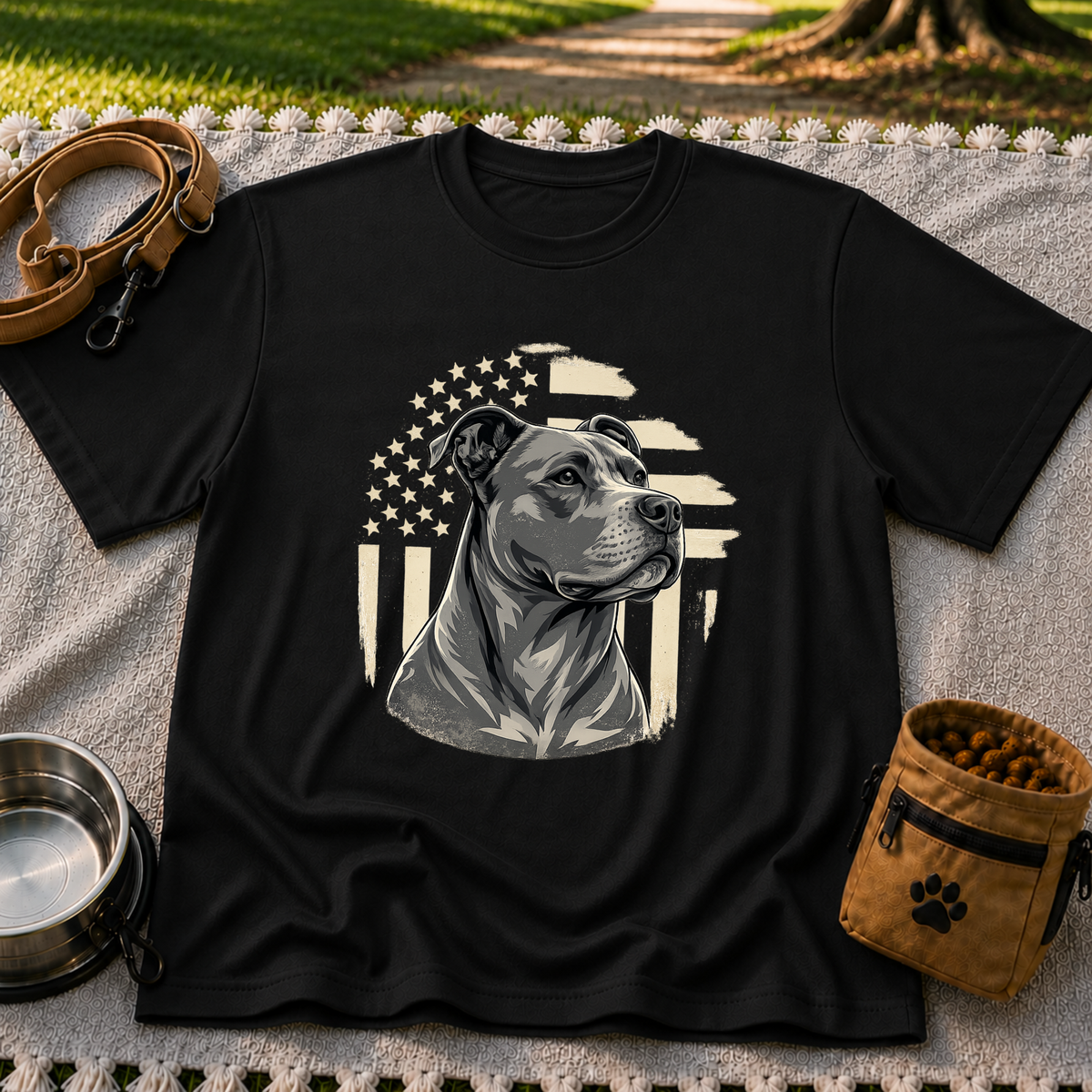 Patriotic Pit Bull Dog design on a Black T-shirt.