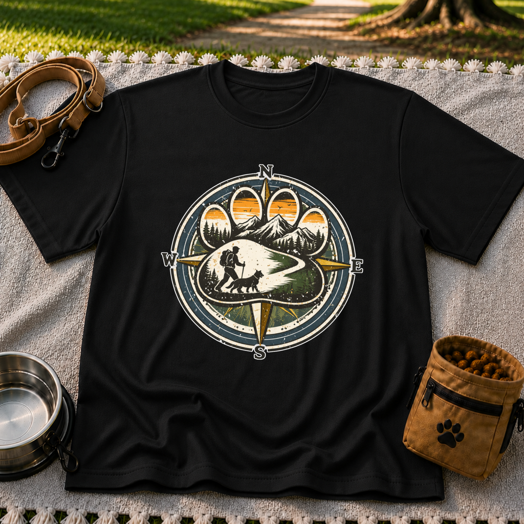 Black T-shirt mockup featuring compass rose framing a hiker and dog on a mountain trail.
