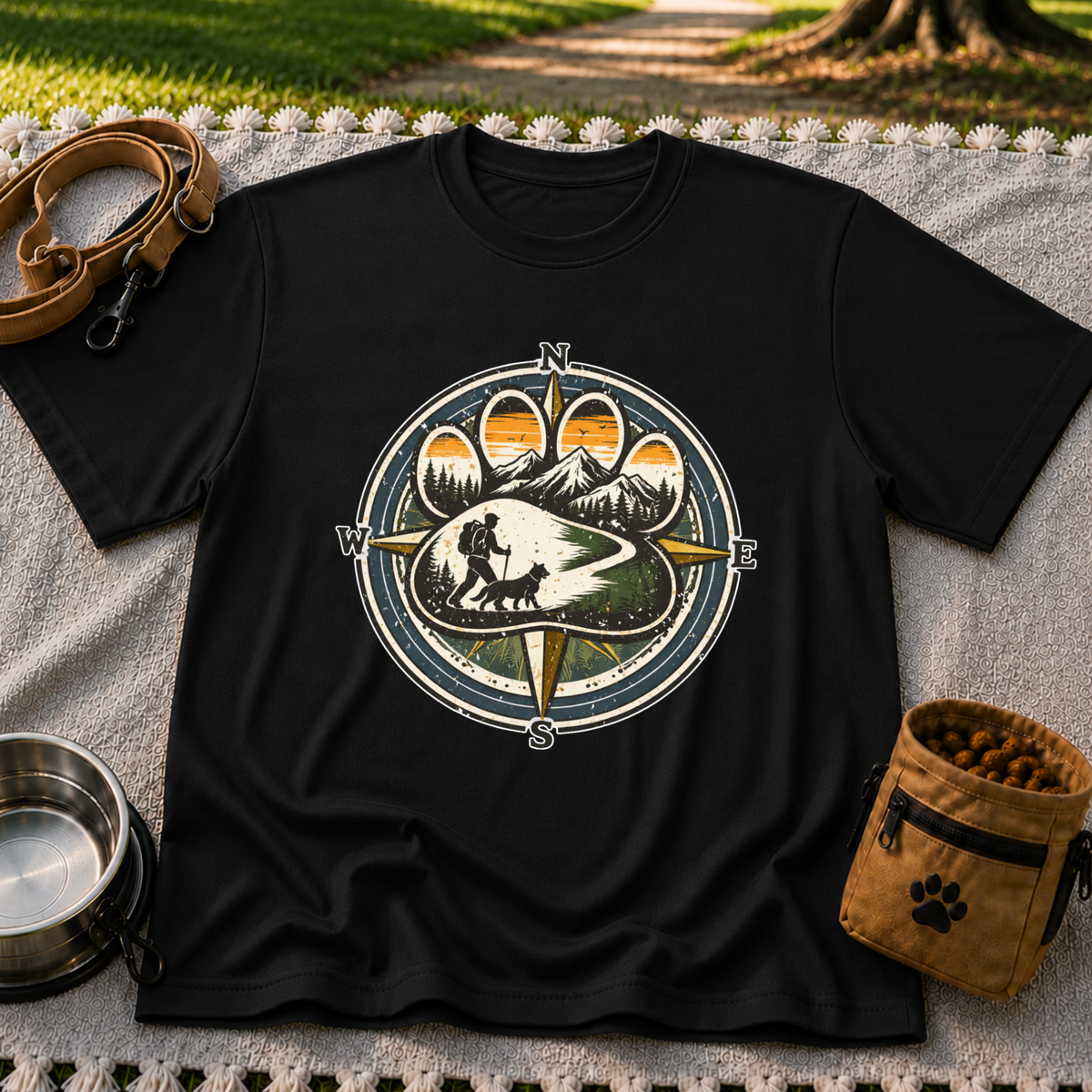 Black T-shirt mockup featuring compass rose framing a hiker and dog on a mountain trail.