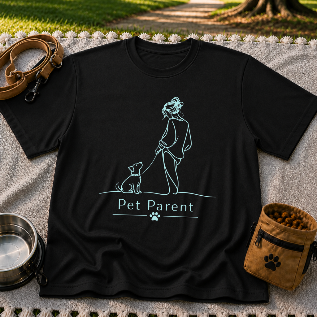 a person walking a dog beneath the words “Pet Parent”. On a Black T-shirt.