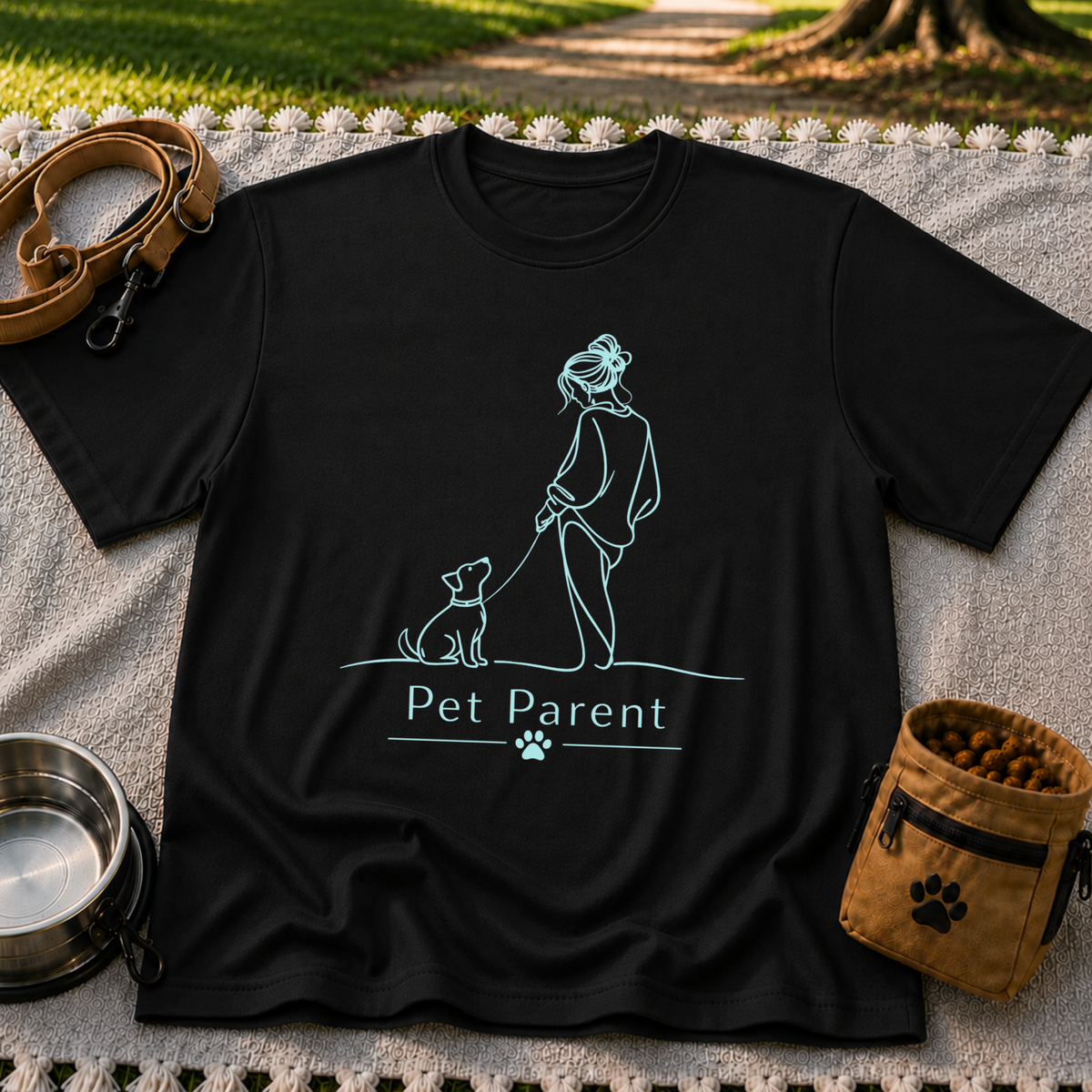 a person walking a dog beneath the words “Pet Parent”. On a Black T-shirt.
