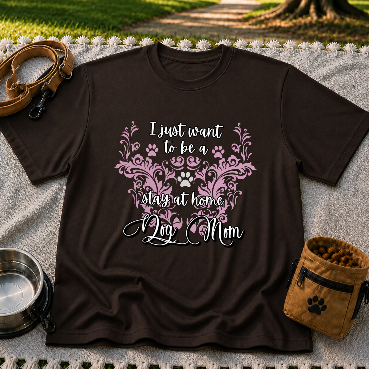Stay at Home Dog Mom Pink design on a Dark Chocolate T-shirt.