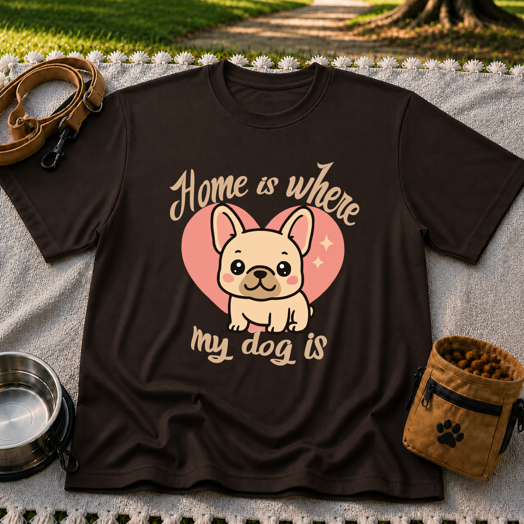 Home Is Where My Dog Is Frenchie Dog design on a Dark Chocolate T-shirt.