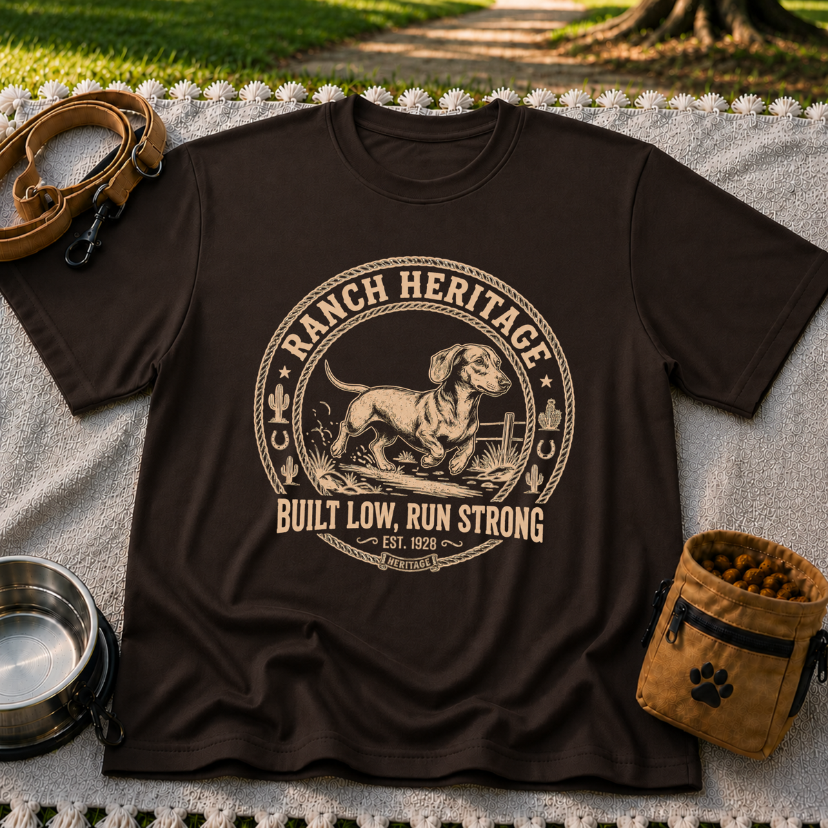 a Dachshund running inside a “Ranch Heritage” western emblem. On a Dark Chocolate T-shirt.