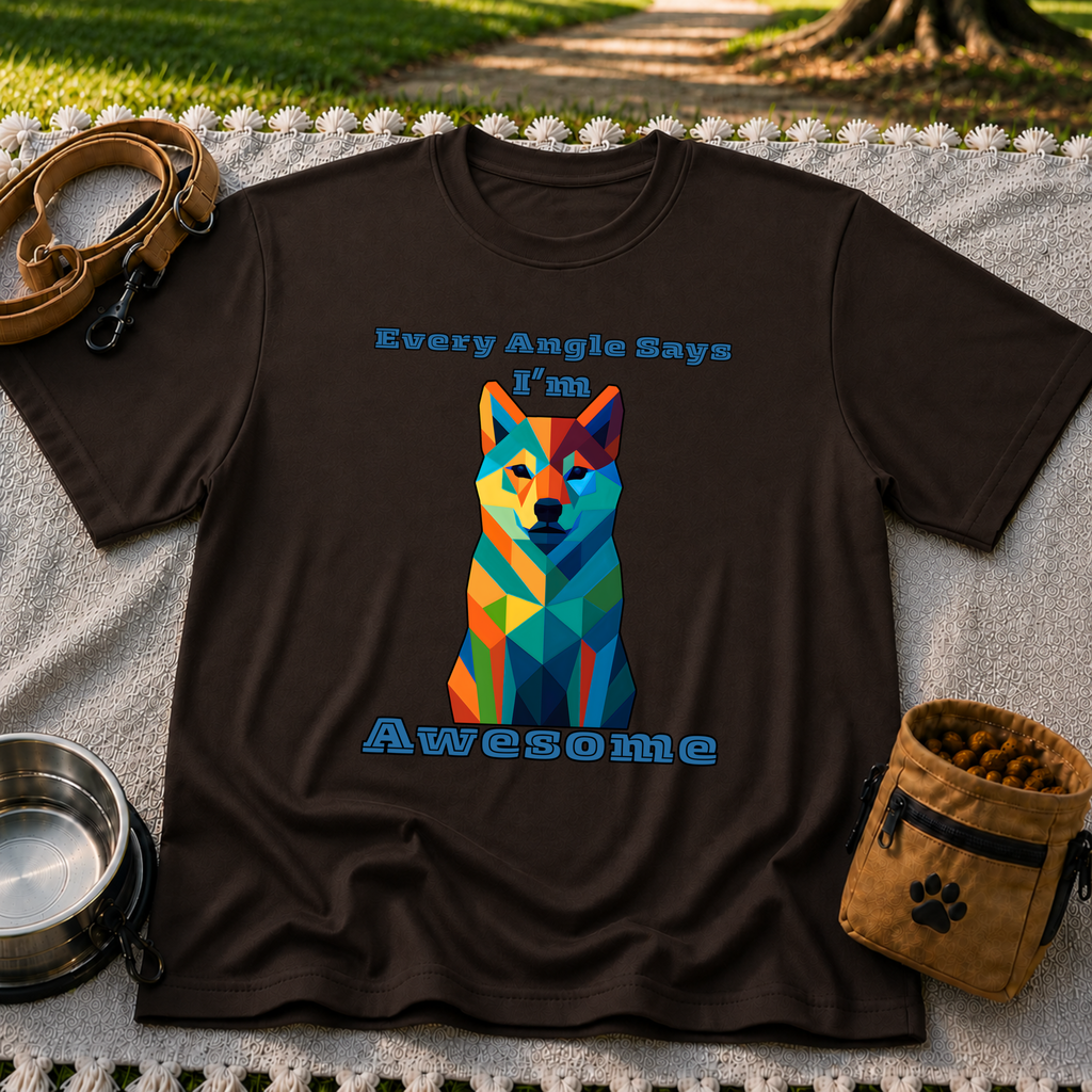 Dark Chocolate T-shirt mockup featuring blue-toned geometric dog portrait with Every Angle Says I’m Awesome lettering.