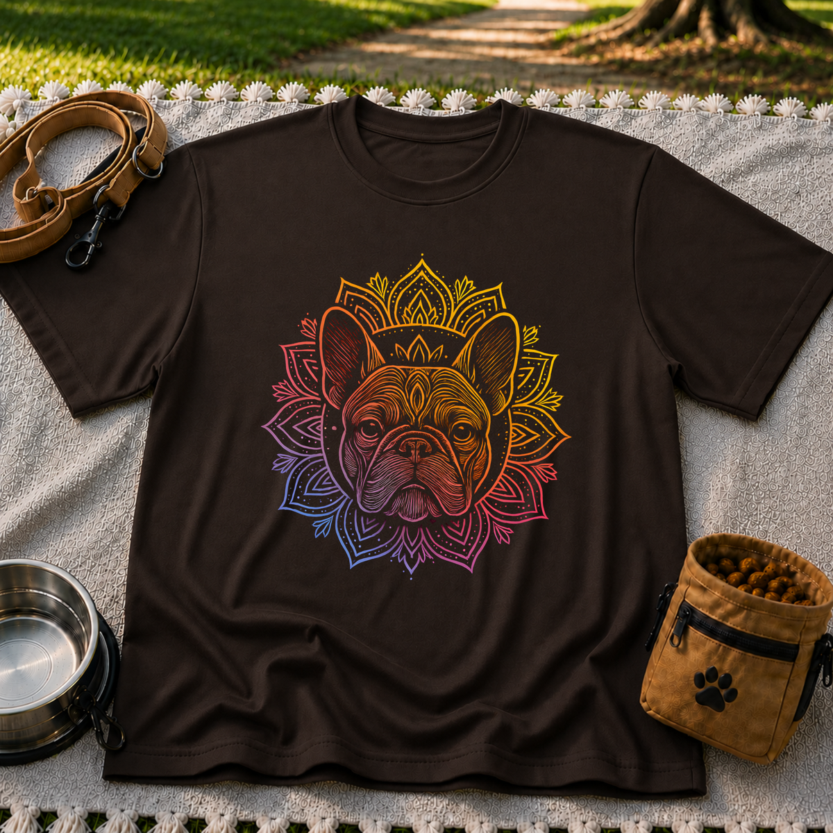 Bohemian French Bulldog Mandala artwork on a Dark Chocolate T-shirt.