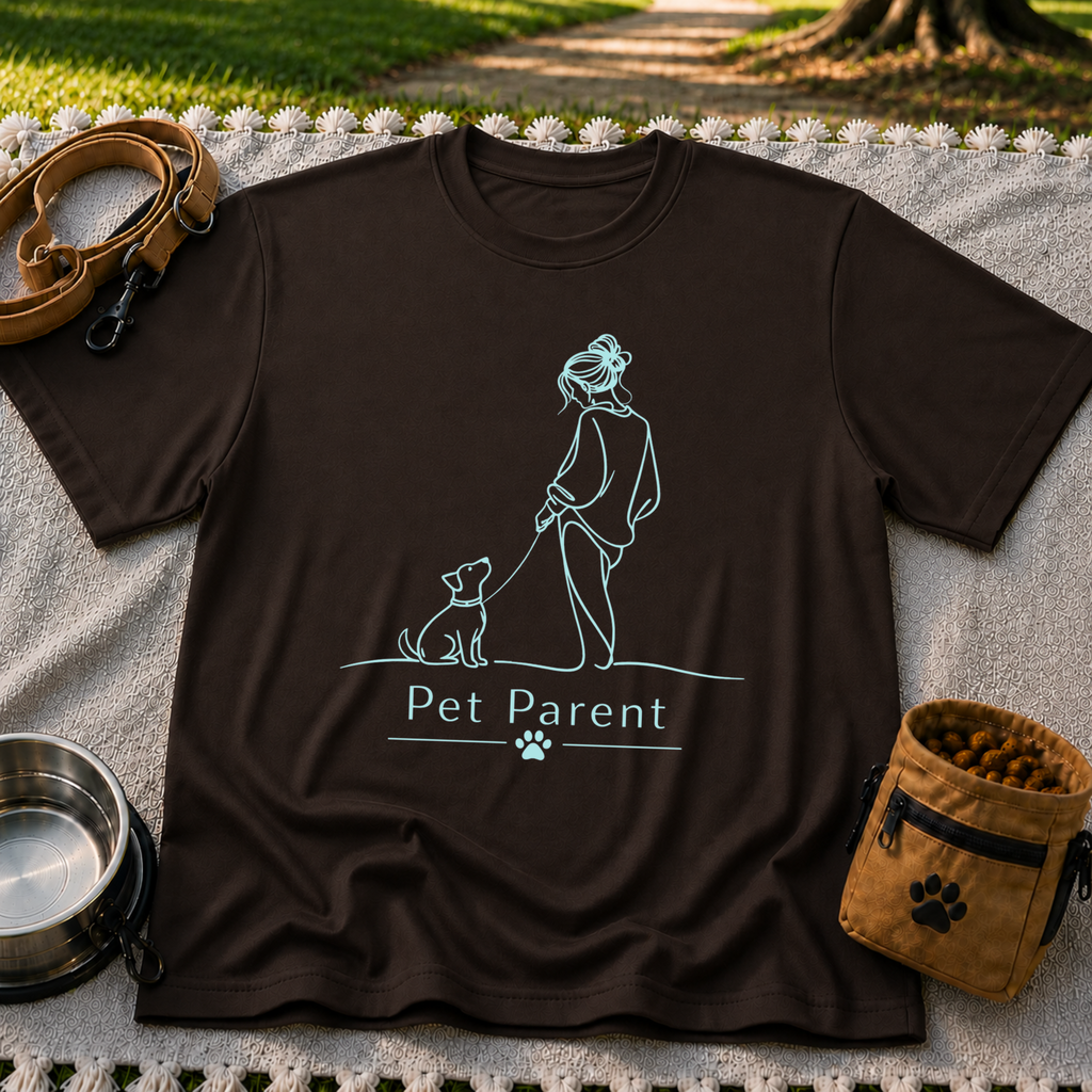 a person walking a dog beneath the words “Pet Parent”. On a Dark Chocolate T-shirt.