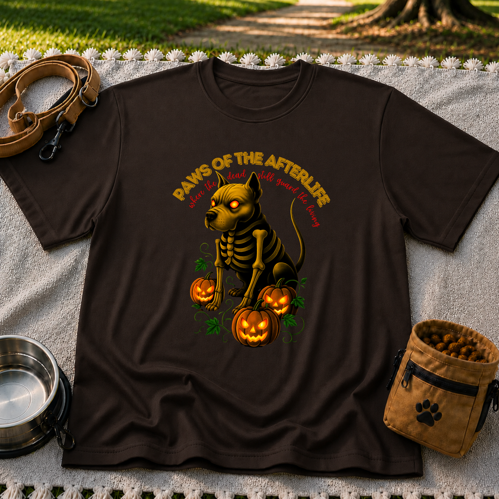 Paws of the Afterlife Pitbull Skeleton Halloween design on a Dark Chocolate T-shirt.