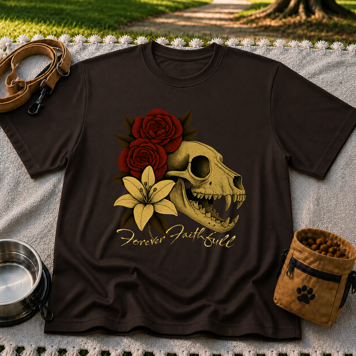 a dog skull with roses and the words “Forever Faithful”. On a Dark Chocolate T-shirt.