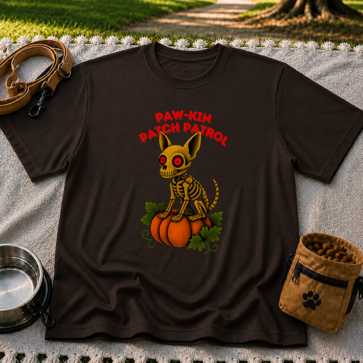 Paw-kin Patch Patrol Skeleton Chihuahua Halloween design on a Dark Chocolate T-shirt.