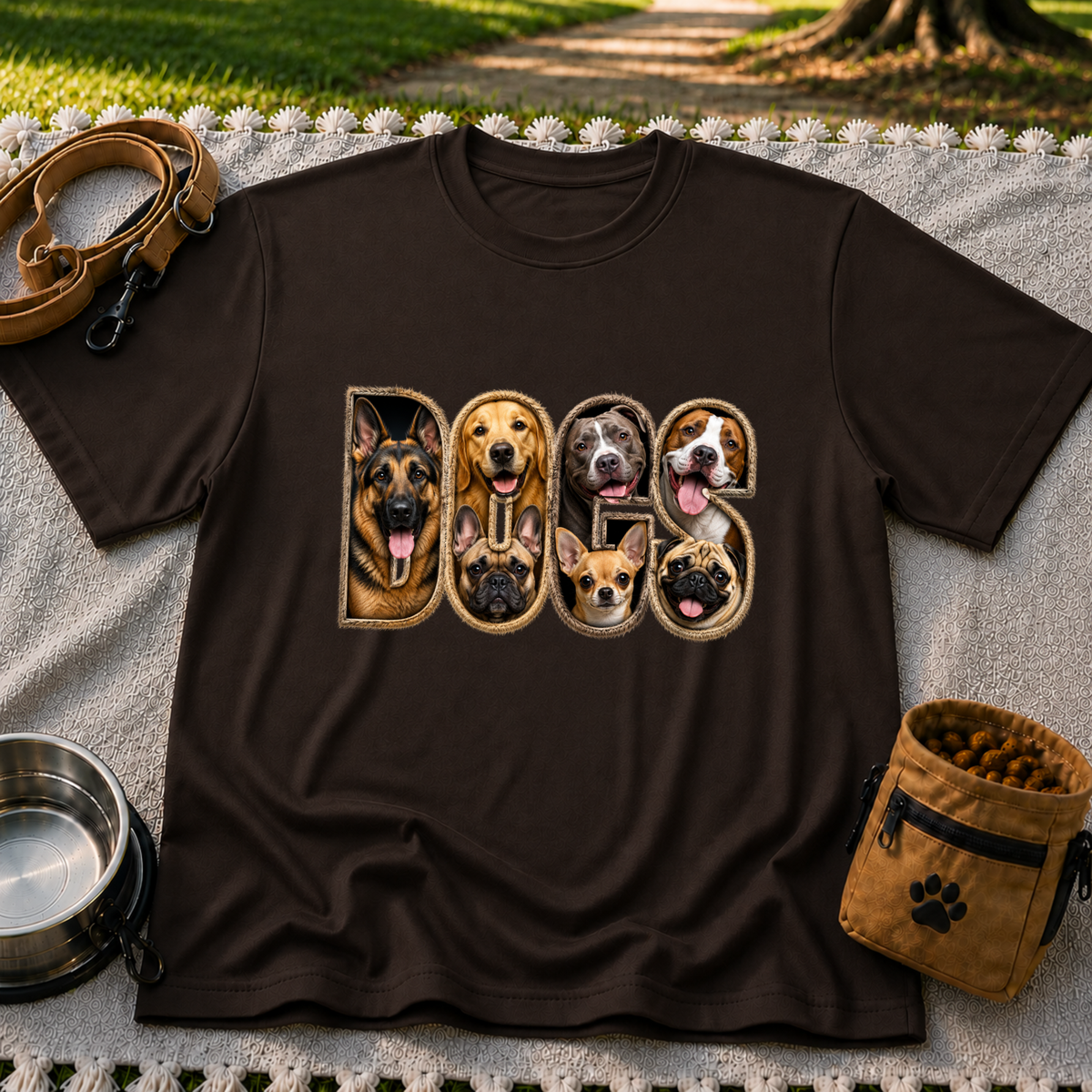 Dogs Dogs Dogs Dog Lover design on a Dark Chocolate T-shirt.