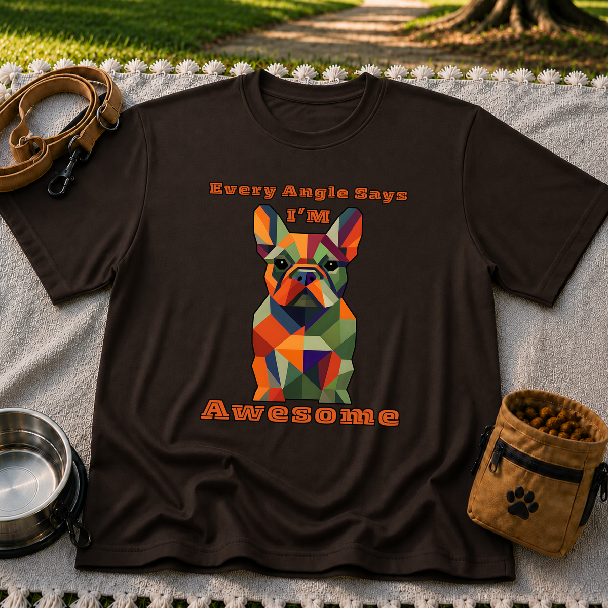 Dark Chocolate T-shirt mockup featuring faceted multicolor French Bulldog portrait with Every Angle Says I’m Awesome lettering.
