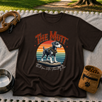 a mixed-breed dog above a “built from scraps, powered by love” sentiment. On a Dark Chocolate T-shirt.