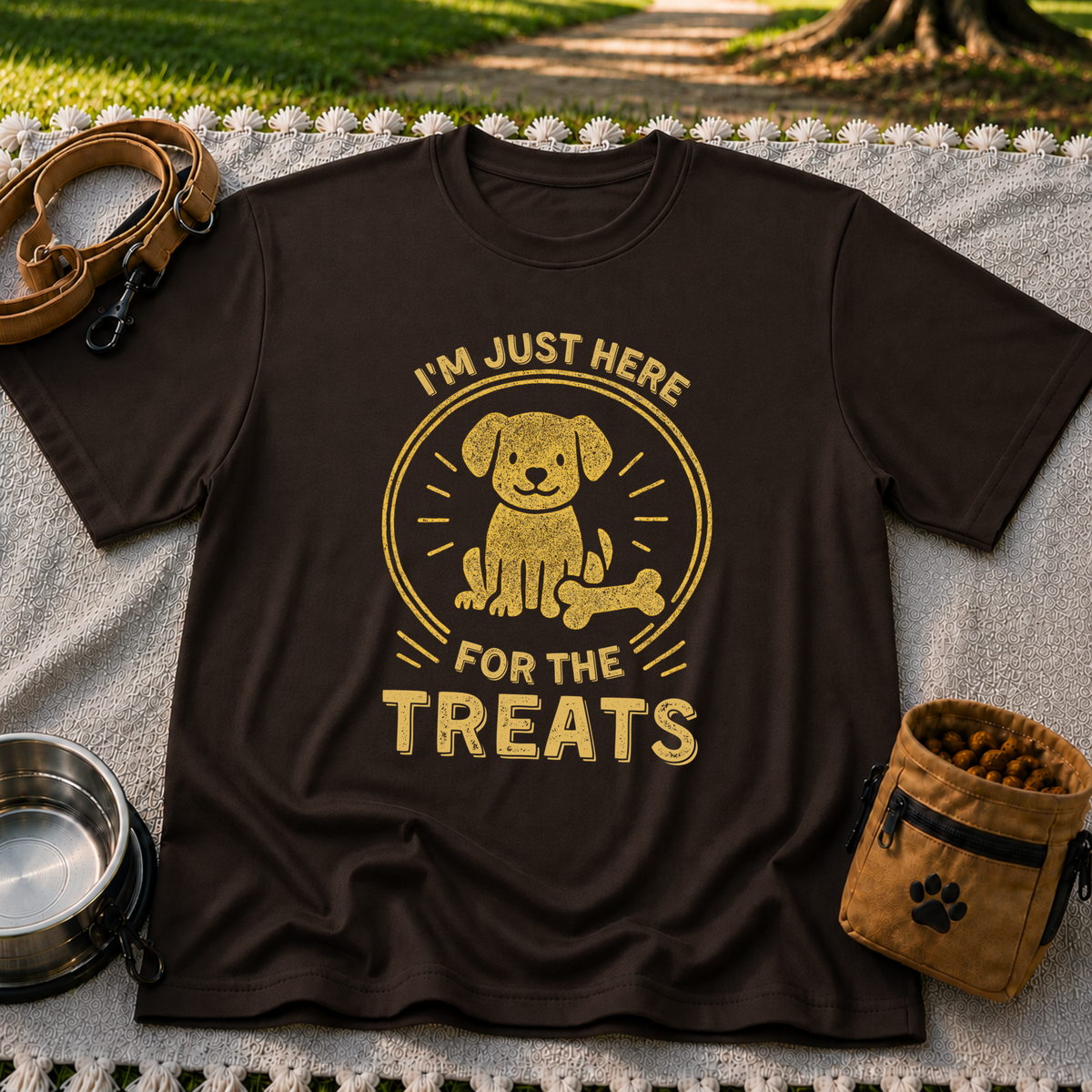 I'm Just Here for the Treats design on a Dark Chocolate T-shirt.